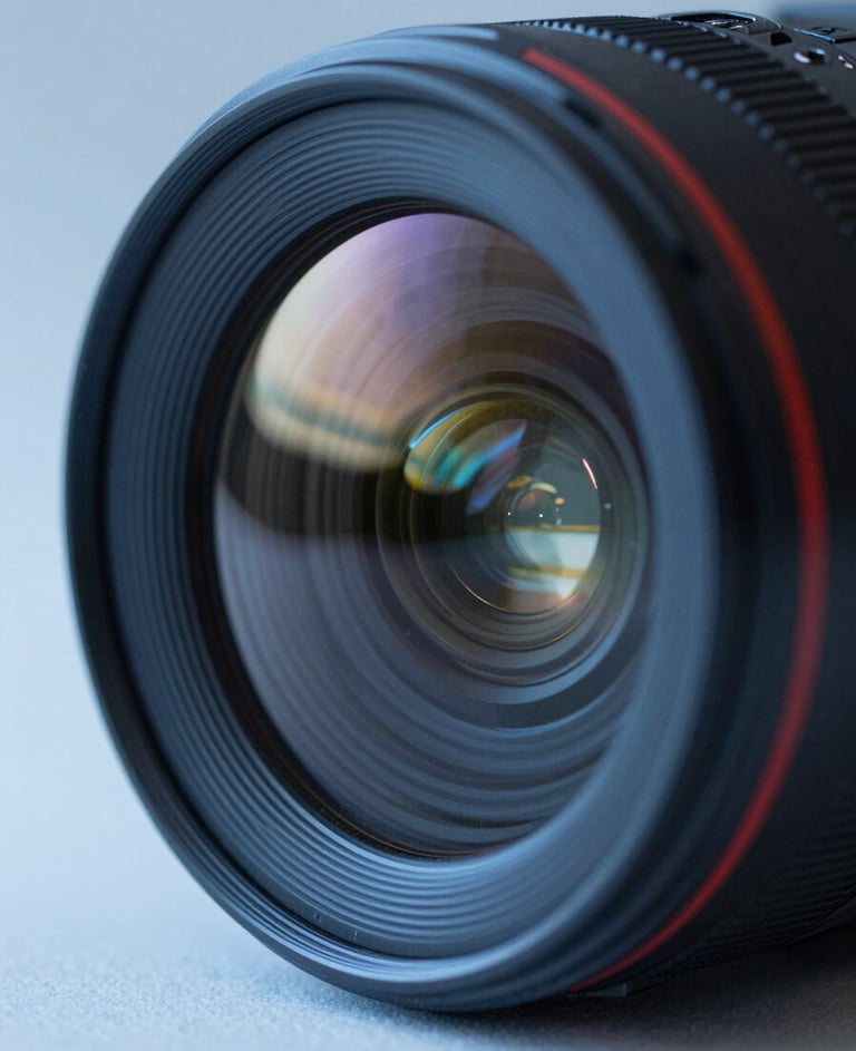 An ultra-sharp 4K macro shot of a sleek camera lens reflecting a futuristic neon light setup. Cutting-edge, sophisticated cinematic mood. Incorporating #1B263B, #415A77, #A0B0C0, #E0E1DD.