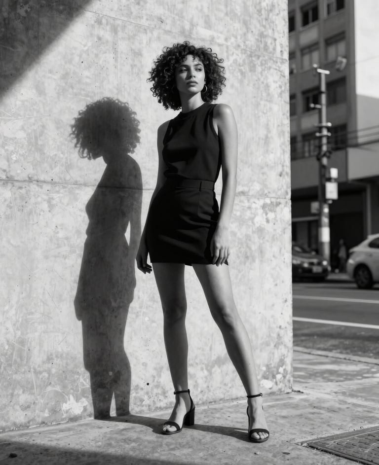 Street fashion photography in a modern São Paulo urban district, concrete textures, high-fashion styling, dramatic shadows, black and white aesthetic.