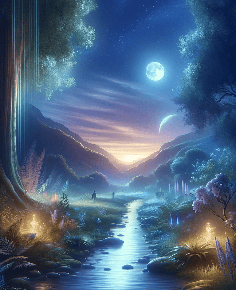 a river scene with a full moon and a full moon