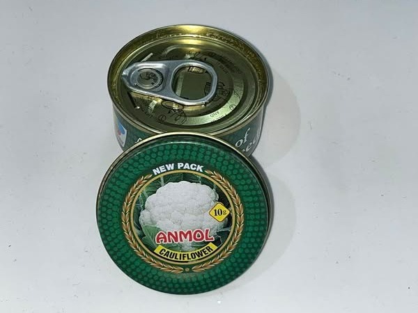 Canned Anmol cauliflower seeds in a 10g tin with easy-open ring pull lid on white background.