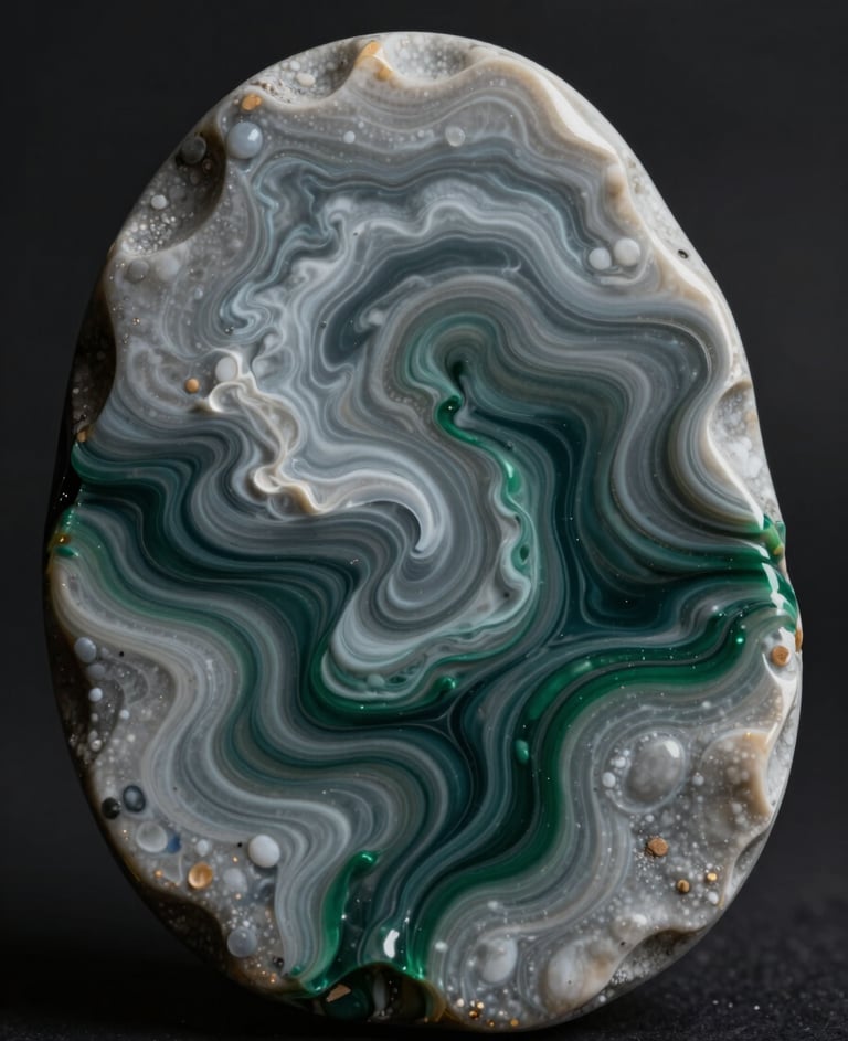 Macro photography of an abstract resin piece with swirling Pebble Grey and Deep Green pigments, mimicking the movement of storm clouds, shot with dramatic side lighting in a International / Global studio.