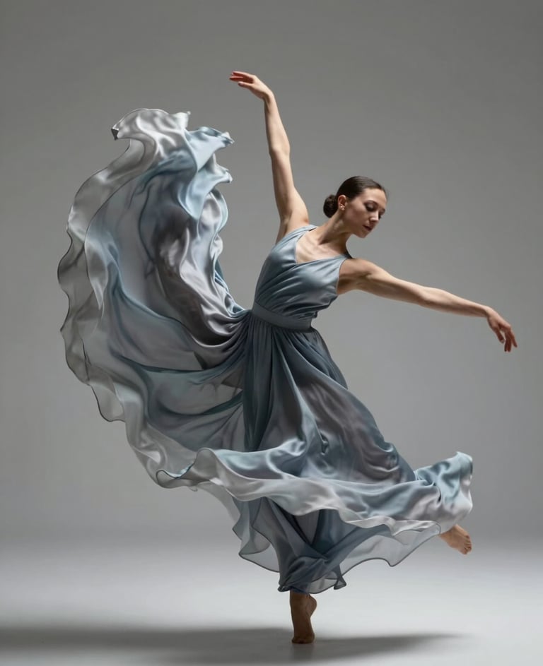 A high-speed photography shot of a North American / US dancer in motion, wearing flowing silk garments in soft blue-grey, captured in a minimalist studio with artistic motion blur and soft lighting.