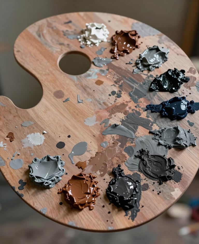 A professional artist palette with smears of brownish grey and dark charcoal paint, soft lighting, curated studio atmosphere, International / Western.