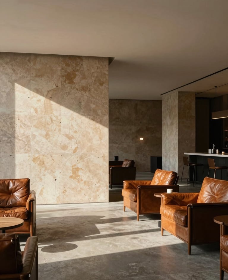 Wide-angle architectural shot of a minimalist luxury hotel lobby, natural side-lighting casting long shadows, premium leather lounge chairs, concrete floor, warm travertine wall detail, negative space on the left.