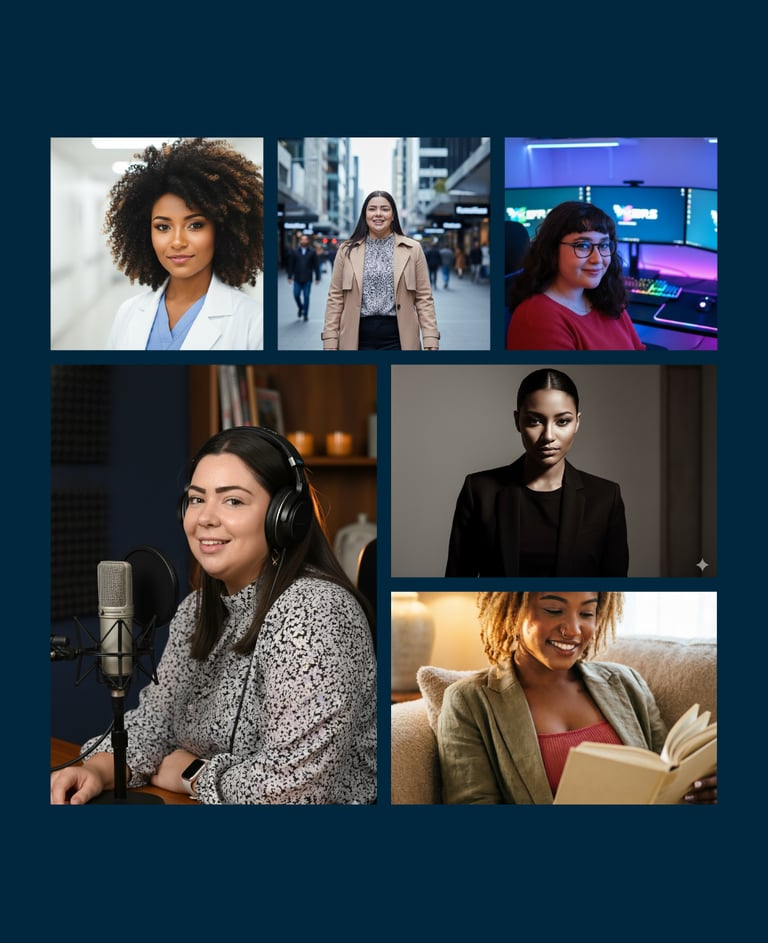 Diverse professional women in a collage featuring a doctor, podcaster, gamer, and business leaders.