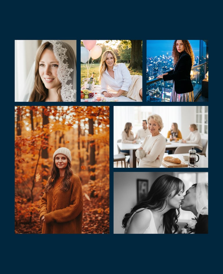 Photo collage featuring portraits of women, a wedding kiss, and an outdoor autumn photoshoot.