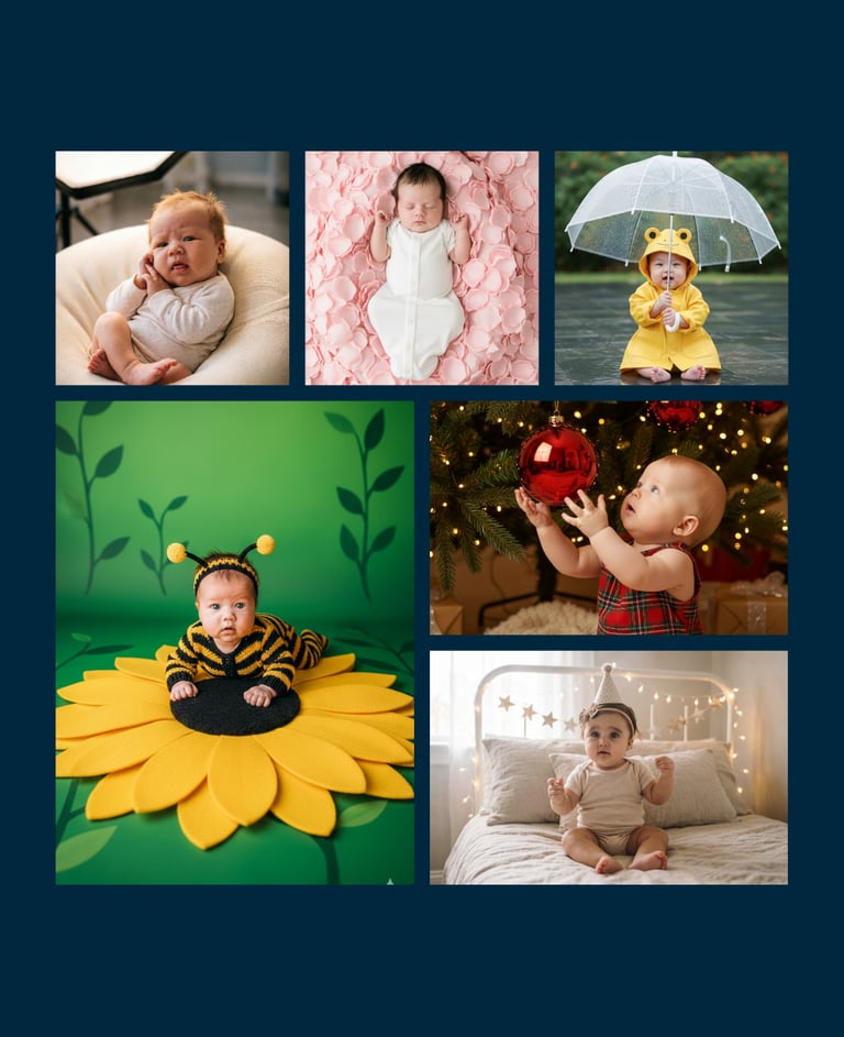 Photo collage of professional baby portraits featuring newborn photography and creative infant costumes.