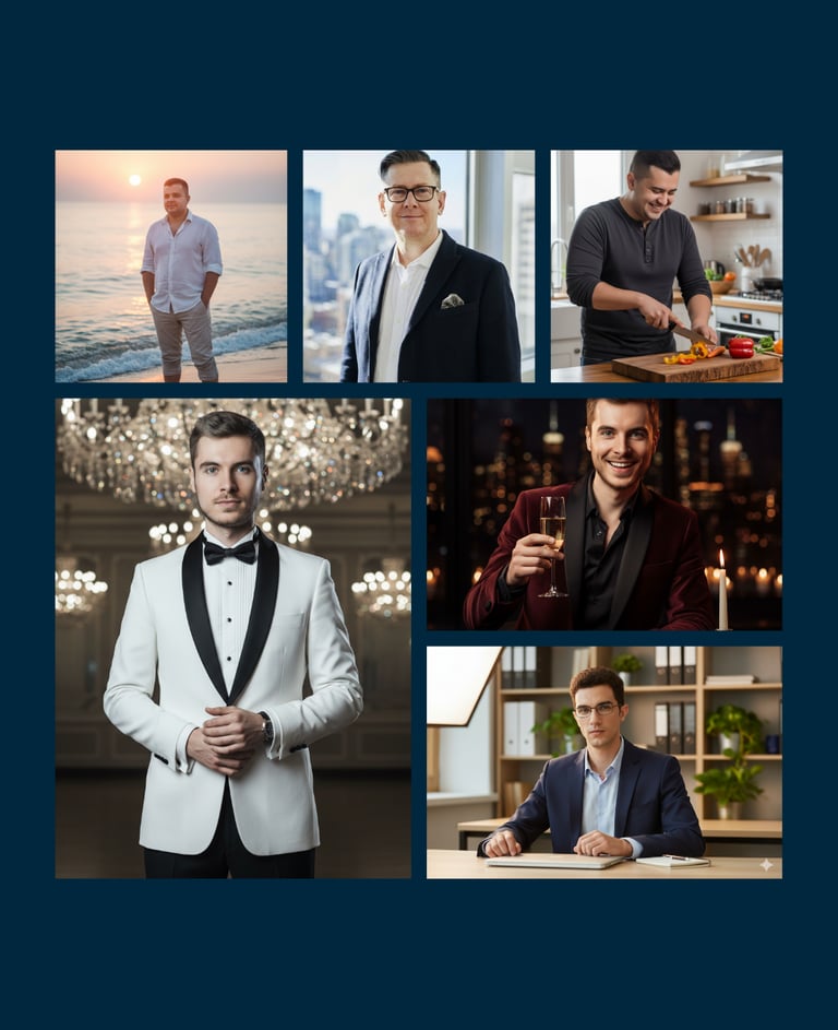 Photo collage of a professional man in various settings including a beach, office, kitchen, and formal gala.