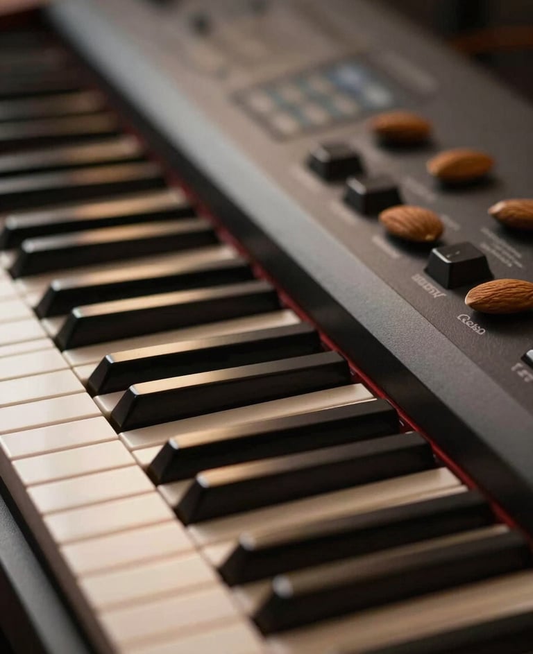 Close-up of a synthesizer keyboard with warm light hitting the keys, soft almond and deep espresso color palette, elegant and modern studio setting.