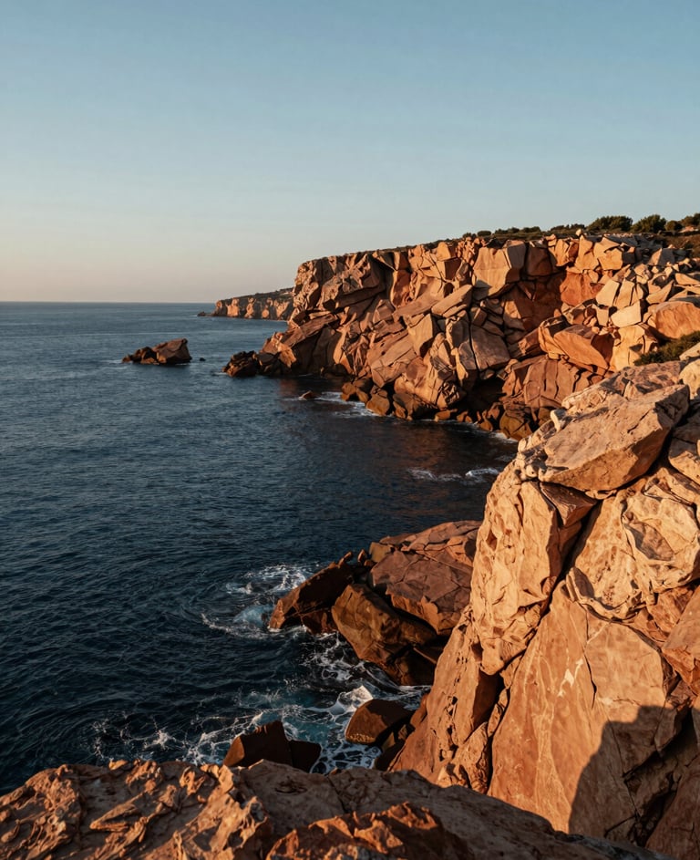 Cinematic wide shot of a rugged Iberian coastal cliff at golden hour, the deep blue sea meeting the warm terracotta rocks, peaceful and vast composition.