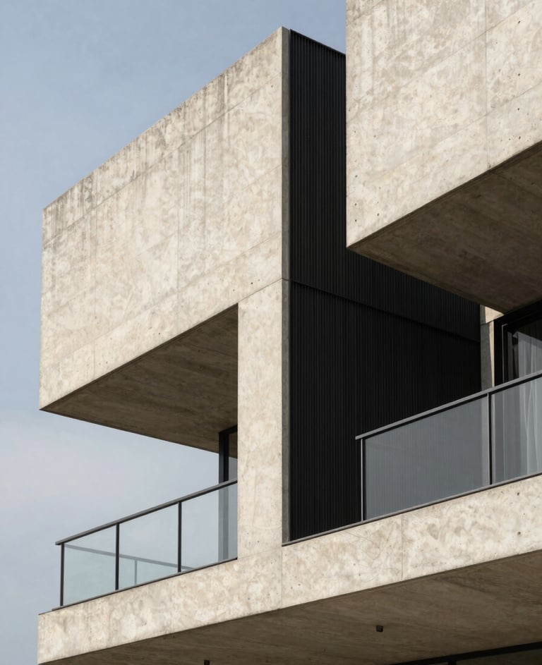 Architectural photography of a contemporary concrete building in Olinda, sharp lines against a clear sky, soft off-white textures, carbon black metal details, editorial style with technical rigor.