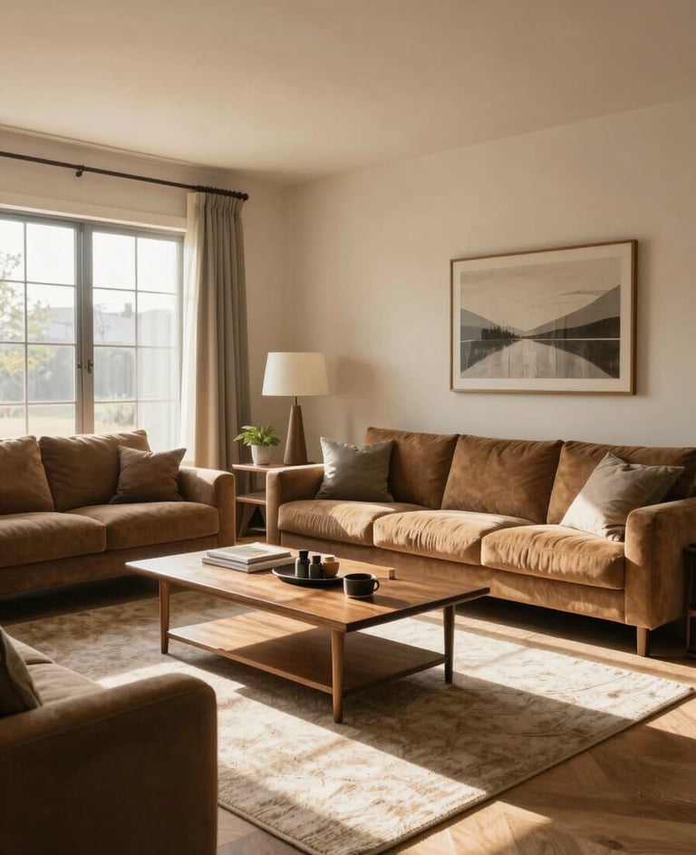 Cinematic wide shot of a modern North American / US living room filled with morning sun, soft sand walls and warm earth brown furniture.
