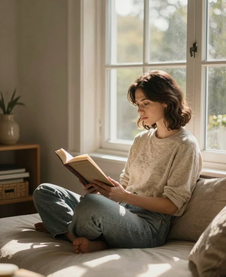 A cinematic lifestyle shot of a woman reading a book by a large window in a North American home, bathed in warm Soft Sand sunlight with gentle shadows.