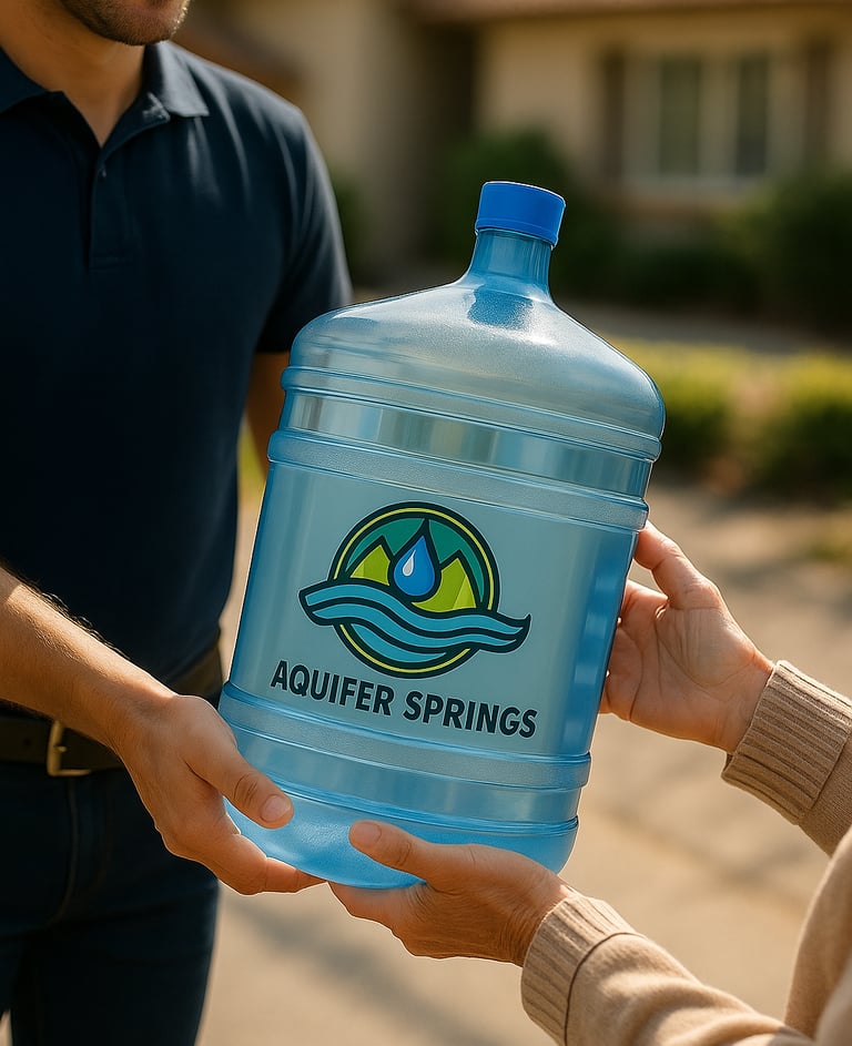 Man in blue polo and jeans handing Aquifer Springs jug to woman in sweater outdoors.