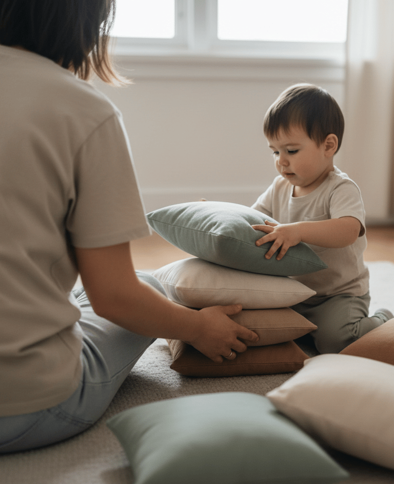 Child stacking cushions at home to practice balance and coordination