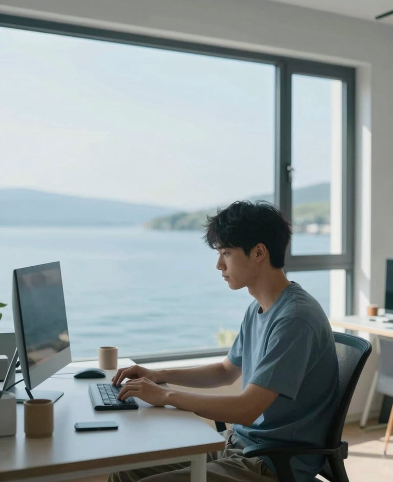A focused student in a modern home office with a wide window overlooking a calm blue lake, soft natural lighting, peaceful atmosphere, palette of #F4F8F9 and #3A6A7D.