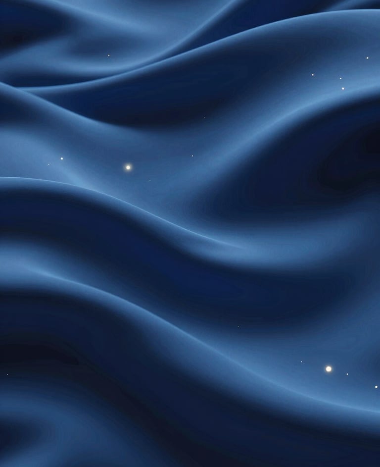 A still from a 3D motion design project showing fluid, silk-like shapes rippling in an indigo blue void, with pinpoints of ivory light, cinematic and abstract.