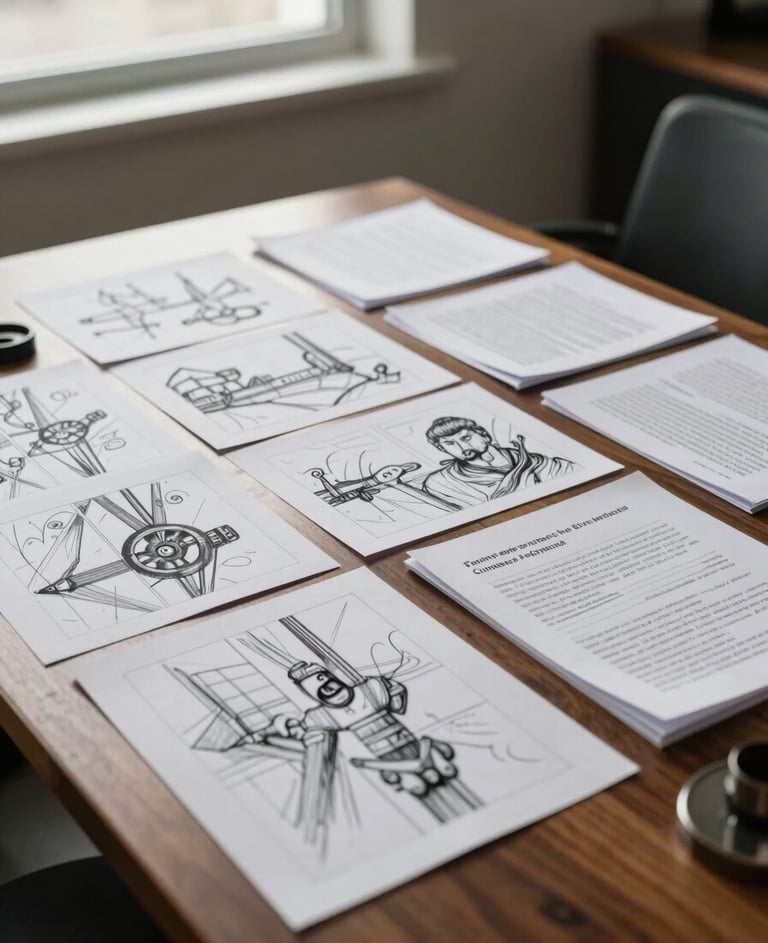 A collection of cinematic storyboards laid out on a dark wooden table in a North American production office. Soft off-white light spills from a window, highlighting detailed sketches and professional scripts.