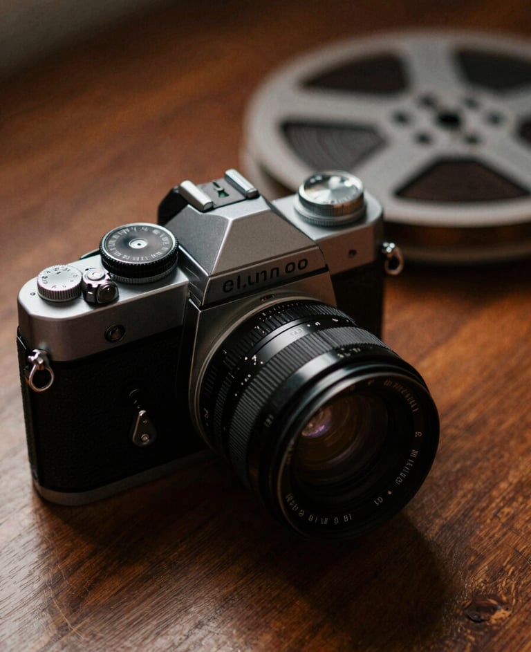 A cinematic close-up of a high-end vintage camera and film reels on a mahogany surface, lit with warm #8D765D tones and deep shadows, representing artistic depth.