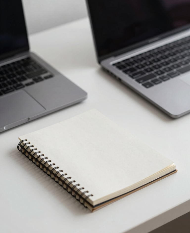 A minimalist, high-end desk setup with a sleek laptop and a sketchbook, captured in a clean, professional style. The lighting is soft and natural, emphasizing textures. The palette includes #778DA9 and #E0E1DD for a modern, creative vibe.