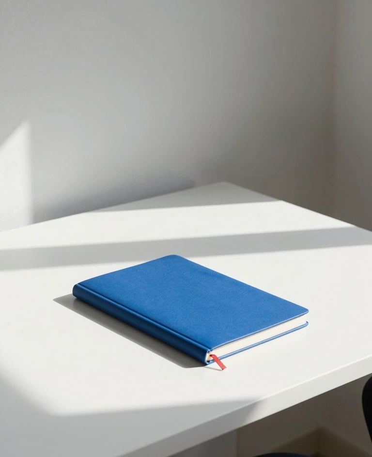 A minimalist North American creative studio workspace with a clean white desk, a single cerulean blue notebook, and sharp geometric shadows cast by window light.