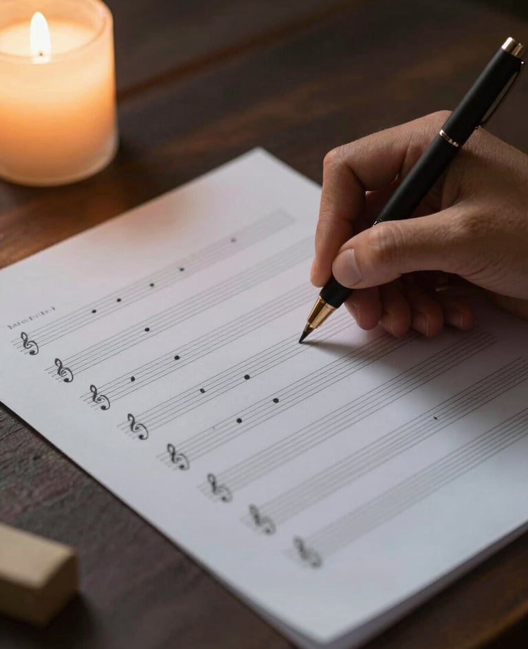 Close-up of hands writing musical notes on a staff paper by candlelight on a dark desk. Cinematic, warm soft white light, South American / Colombian setting.