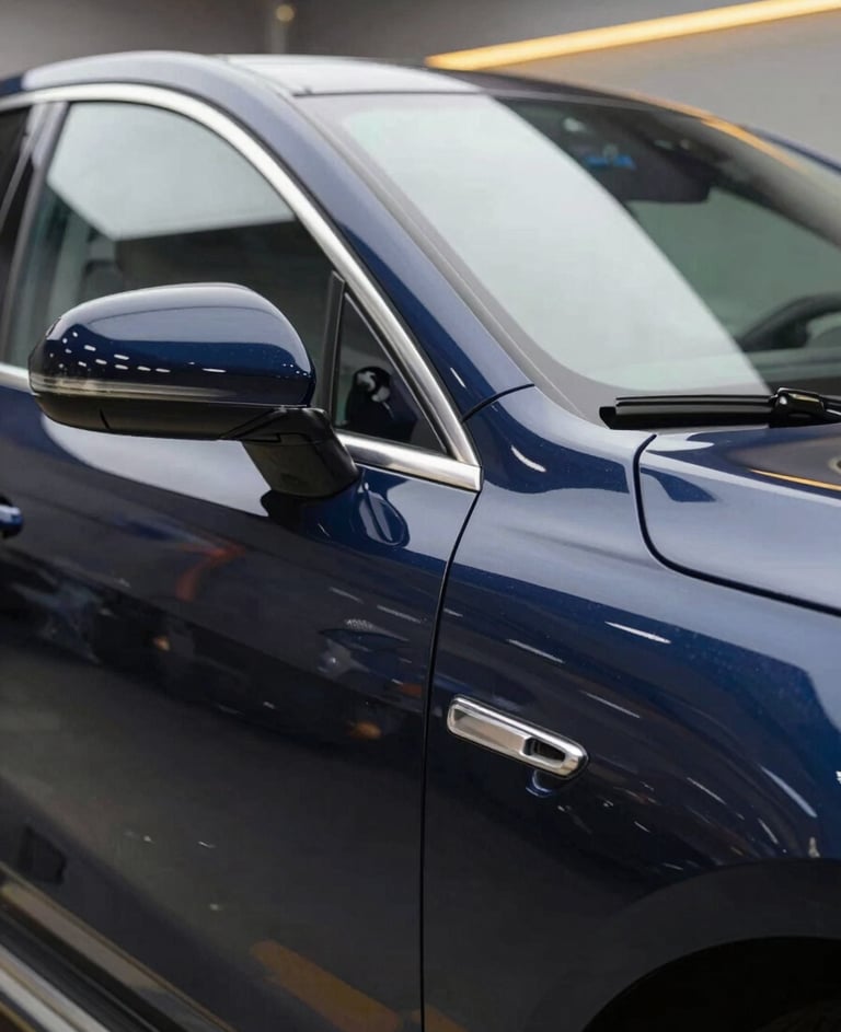 Close-up of a high-end luxury car door with a sharp light reflection showing a perfect, smooth surface after PDR repair. Professional workshop lighting, navy and gold accents in the background.