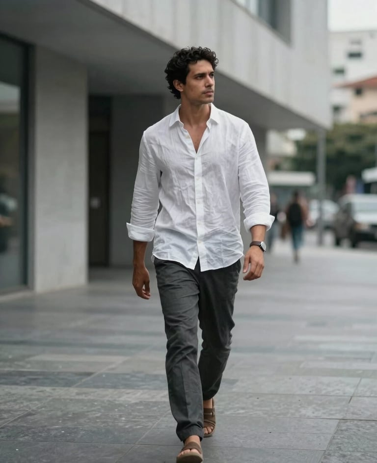 Full-body photography of a stylish man in a ghost white linen shirt walking through a modern minimalist architectural space in a South American city, soft natural lighting, slate gray shadows.