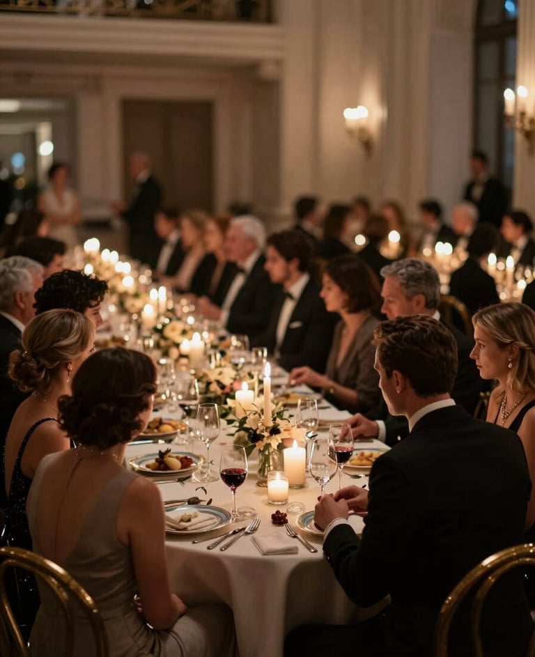 A high-end gala dinner in a North American / European grand hall, bokeh lights from candles, elegant guests in formal wear, midnight black and warm taupe tones.