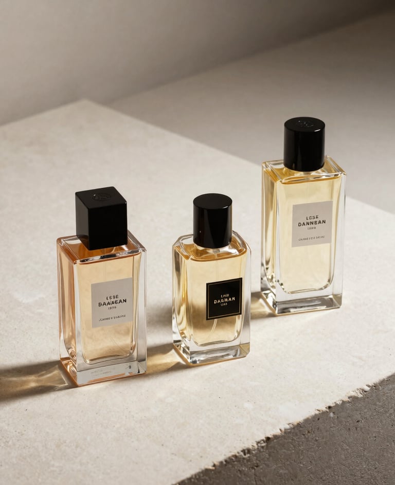 Commercial product shot of luxury perfume bottles on a smooth off-white stone surface. Soft shadows and clean lines under professional studio lighting. International / Professional.