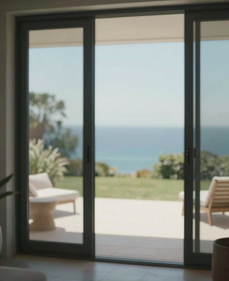 Looking through floor-to-ceiling glass doors onto a sun-drenched private terrace, cinematic and peaceful.