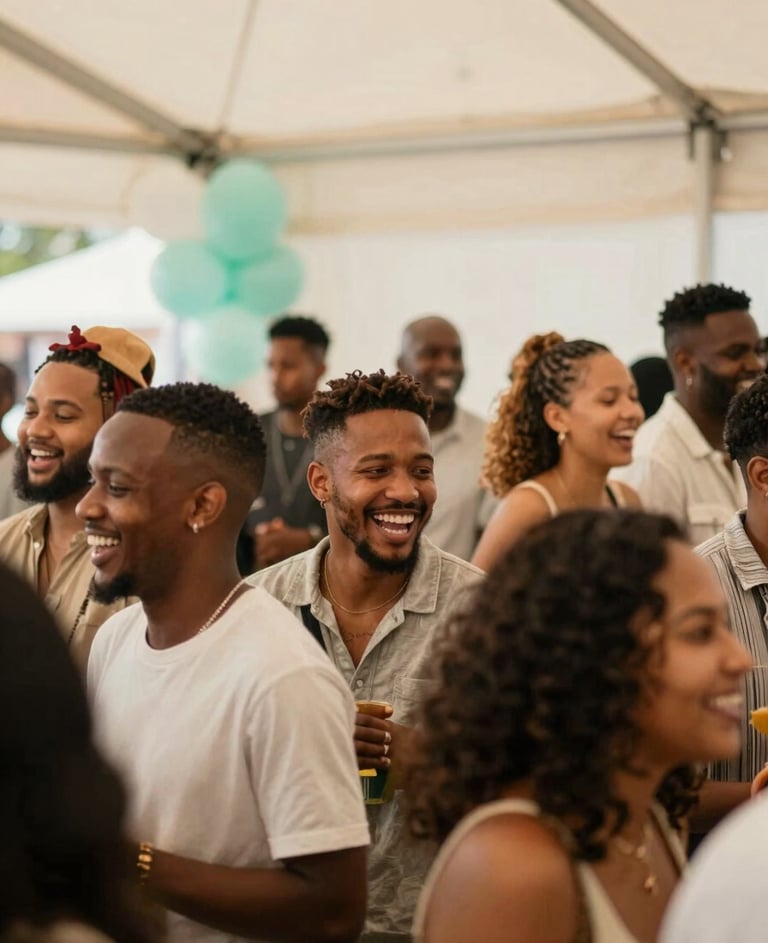 A vibrant indoor party scene in a South African venue, capturing candid laughter of guests with warm lighting and a festive atmosphere, showcasing soft off-white and pale seafoam decor.
