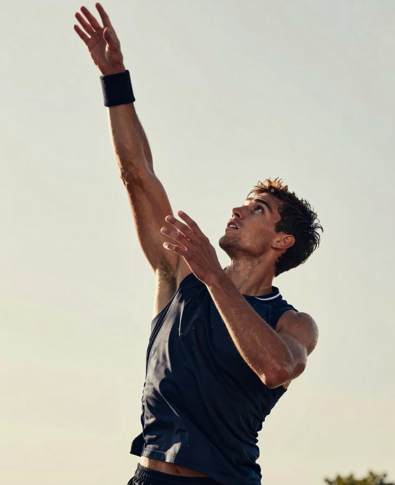 Dynamic low-angle shot of a tennis player mid-serve, sweat flying, intense focus, crisp morning light, high contrast with #F2F1ED background tones.