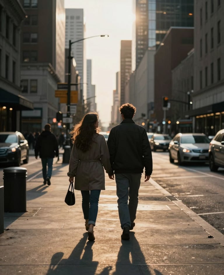 Cinematic street photography of a couple walking through a North American city downtown at sunset. High contrast Charcoal shadows and golden Soft Sand light.