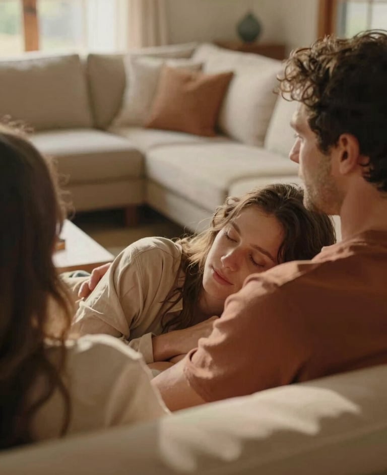 A cinematic close-up of a couple sharing a quiet moment in a sun-drenched North American living room. Soft sand and terracotta tones dominate the textiles. Authentic, warm, and personal lifestyle photography.