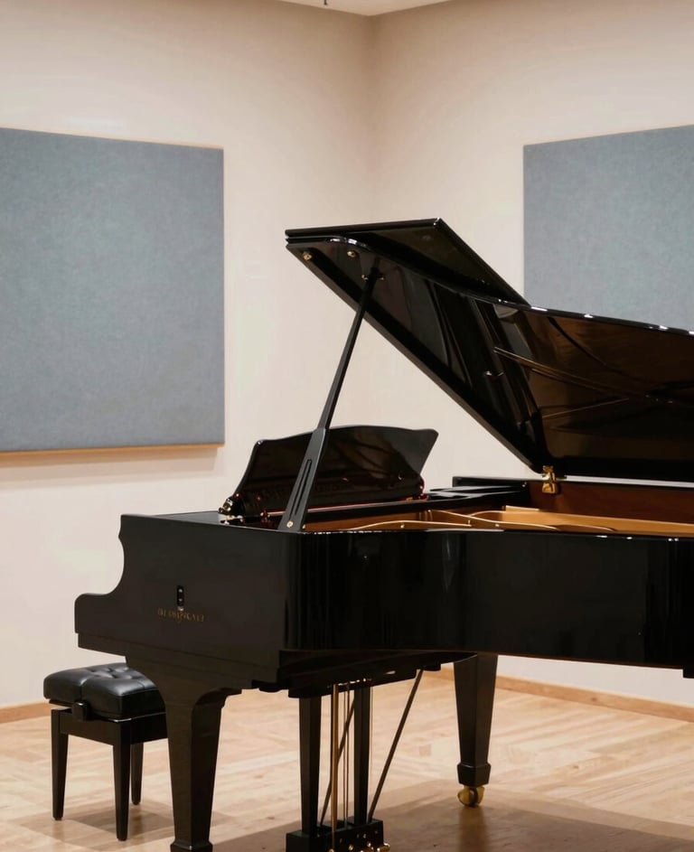 A professional recording session of a grand piano in a room with warm acoustic treatments. The composition is clean and minimalist, using off-white and blue-grey tones. Southern European / Spanish recording environment.