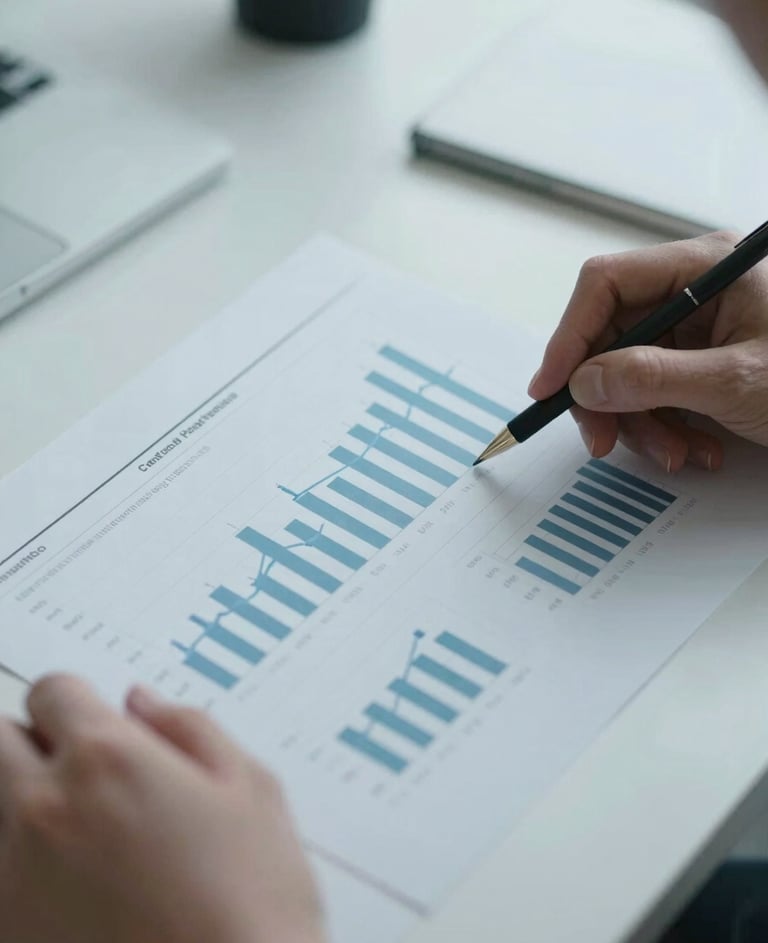Close-up of hands analyzing physical statistical reports on a clean desk, sharp focus, cool diffused daylight, desaturated blue and slate tones.