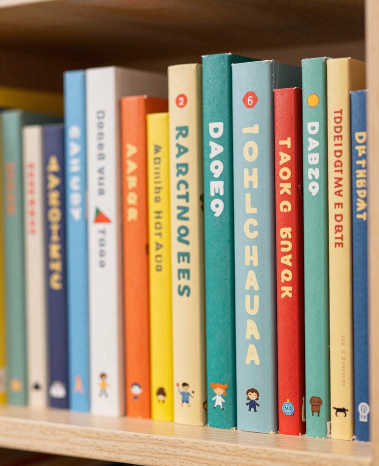 A close-up of vibrant children's book spines on a light wood shelf, showcasing diverse colors and playful typography, soft and inviting lighting, incorporating #7A9E9F and #D4B281.