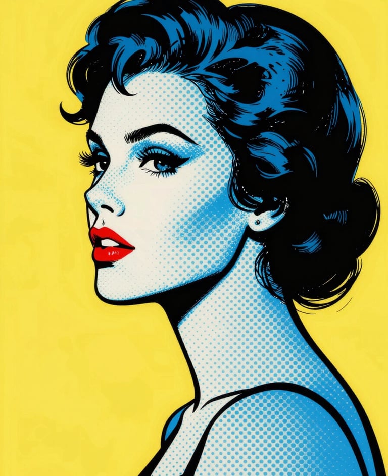 Pop Art style illustration of a female profile in profile view, heavy black ink outlines, blue #0050B3 skin highlights with white #FDFDF5 halftone dot patterns, red #D4202B lips, flat color background, vintage comic book aesthetic.