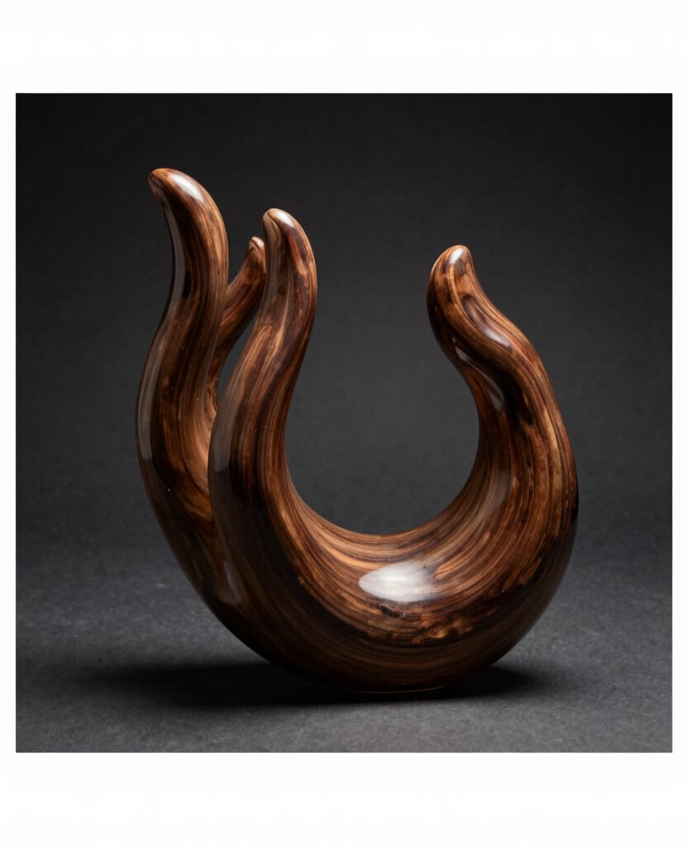 Moody studio photograph of a sculptural hand-blown glass object, dramatic lighting highlighting elegant curves and deep walnut brown shadows. Clean dark background, artistic museum-style catalog layout.