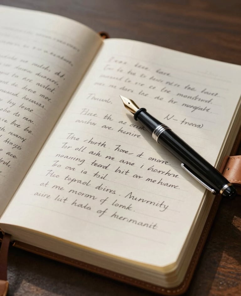 An open leather-bound notebook with handwritten lyrics, a fountain pen resting on a soft cream parchment page, soft morning light in a North American / US studio.