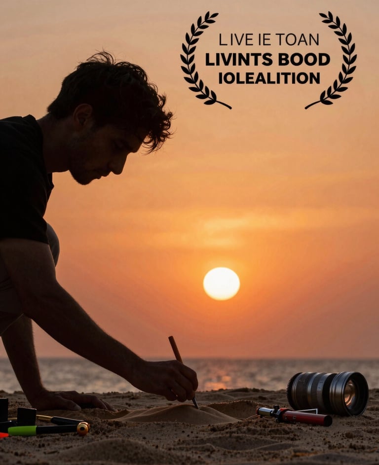 Lifestyle shot of an artist silhouette against a warm terracotta orange sunset, working on the soft sand with professional tools.