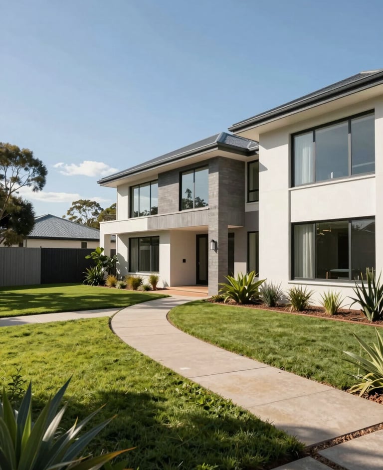 Wide environmental shot of a modern Australian home exterior, north-facing facade with large windows catching bright midday daylight, manicured garden path leading to the entrance, subject placed in the right two-thirds of the frame, generous open sky and greenery to the left