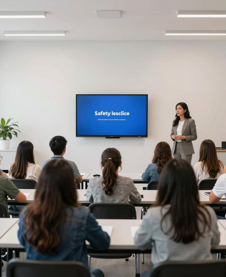 A bright classroom setting in Mexico where parents and educators are observing a digital safety seminar, captured with clean, crisp lighting and modern minimalist interior architecture.