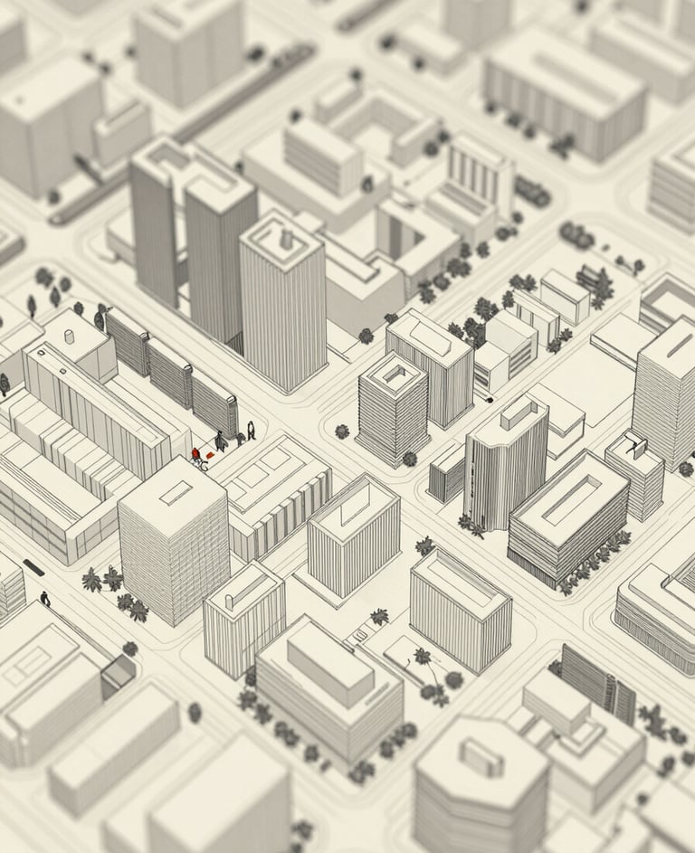 Architectural research site map, minimalist charcoal lines on sand-colored paper, top-down view of urban layers, high-end design aesthetics #F9F7F2 #333333
