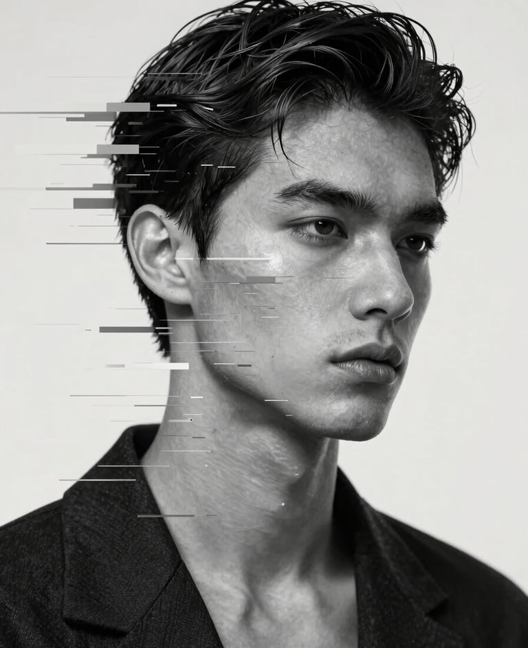 A creative portrait of a male model with digital glitch effects, incorporating Silver Grey and Jet Black tones, high-tech aesthetic, minimalist Off-white background.