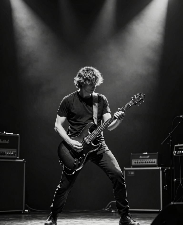 A dark, minimalist and elegant black and white photograph of a rock guitarist mid-solo on a dimly lit stage. Captured in a Western European / Dutch concert venue. The raw emotion is highlighted by dramatic light gray spotlights cutting through the anthracite darkness. Professional live music photography.