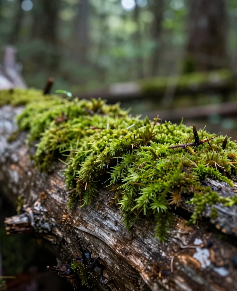 A macro photograph of vibrant green moss covering a weathered fallen log in a dense North American forest, soft morning light filtered through the canopy, shallow depth of field.