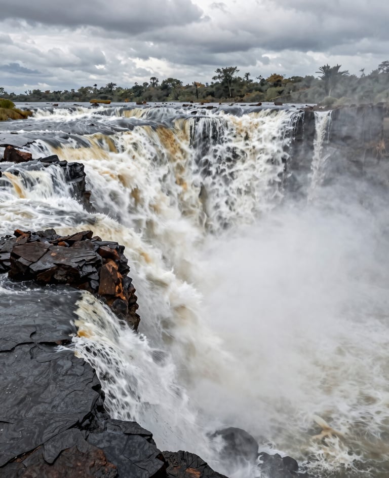 Cinematic wide shot of the Kalandula Falls in Angola, powerful water movement, moody sky, dark slate grey rocks and soft off-white mist.