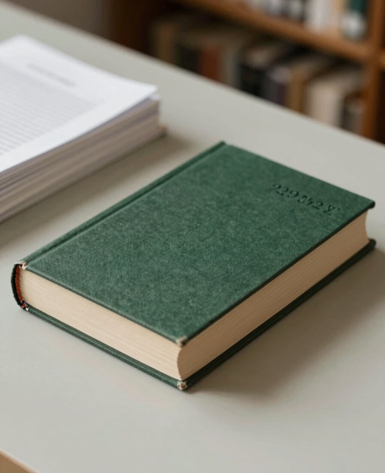 A close-up photograph of a minimalist research library, featuring stack of ivory papers and a dark green #293B37 linen-bound book on a light sage #AEC5BE table. Soft, natural overhead lighting creating a focused, intellectual atmosphere.
